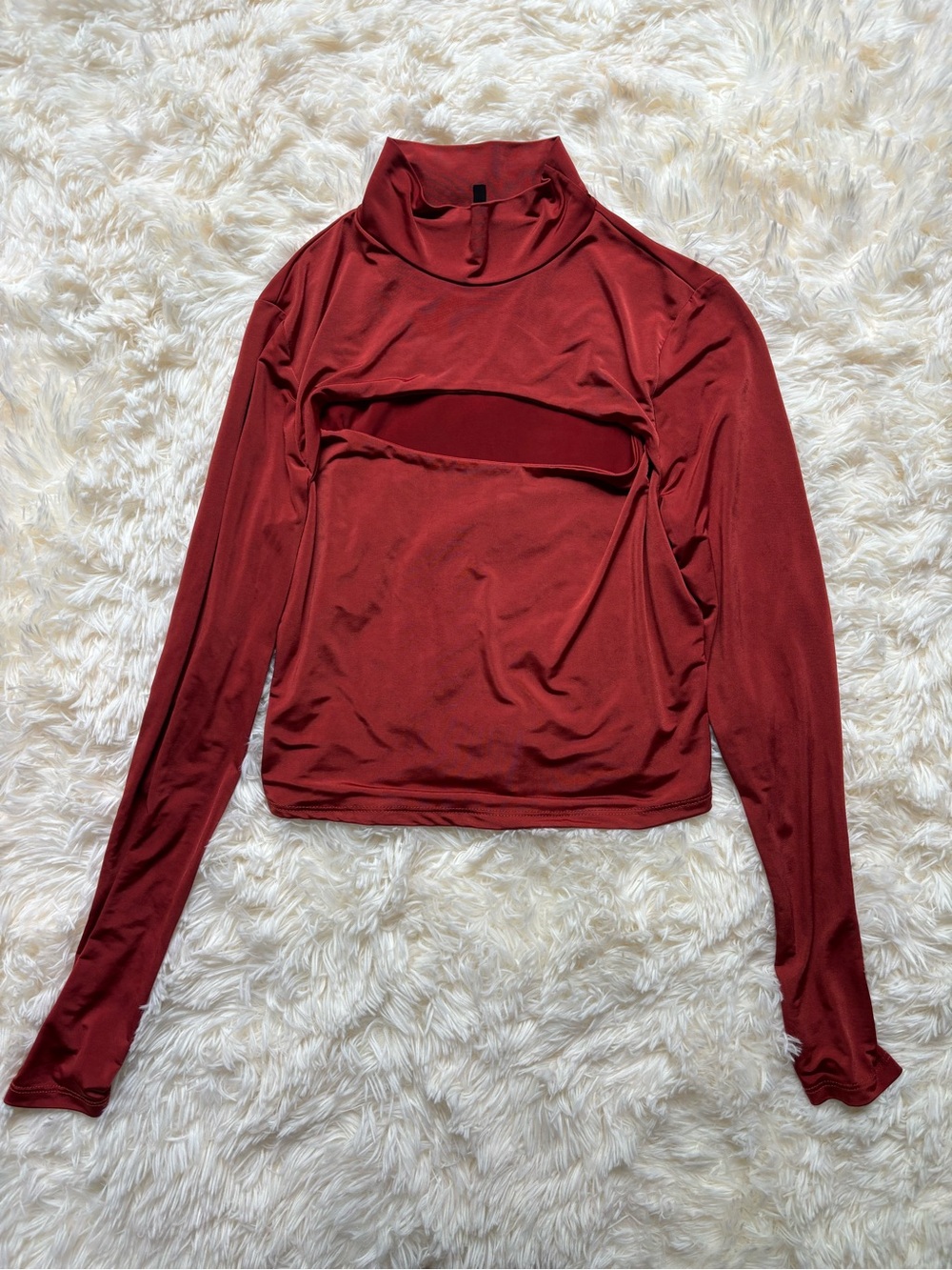 Terracotta Mock Neck Cutout Long Sleeve Crop Top Womens L Rust Red